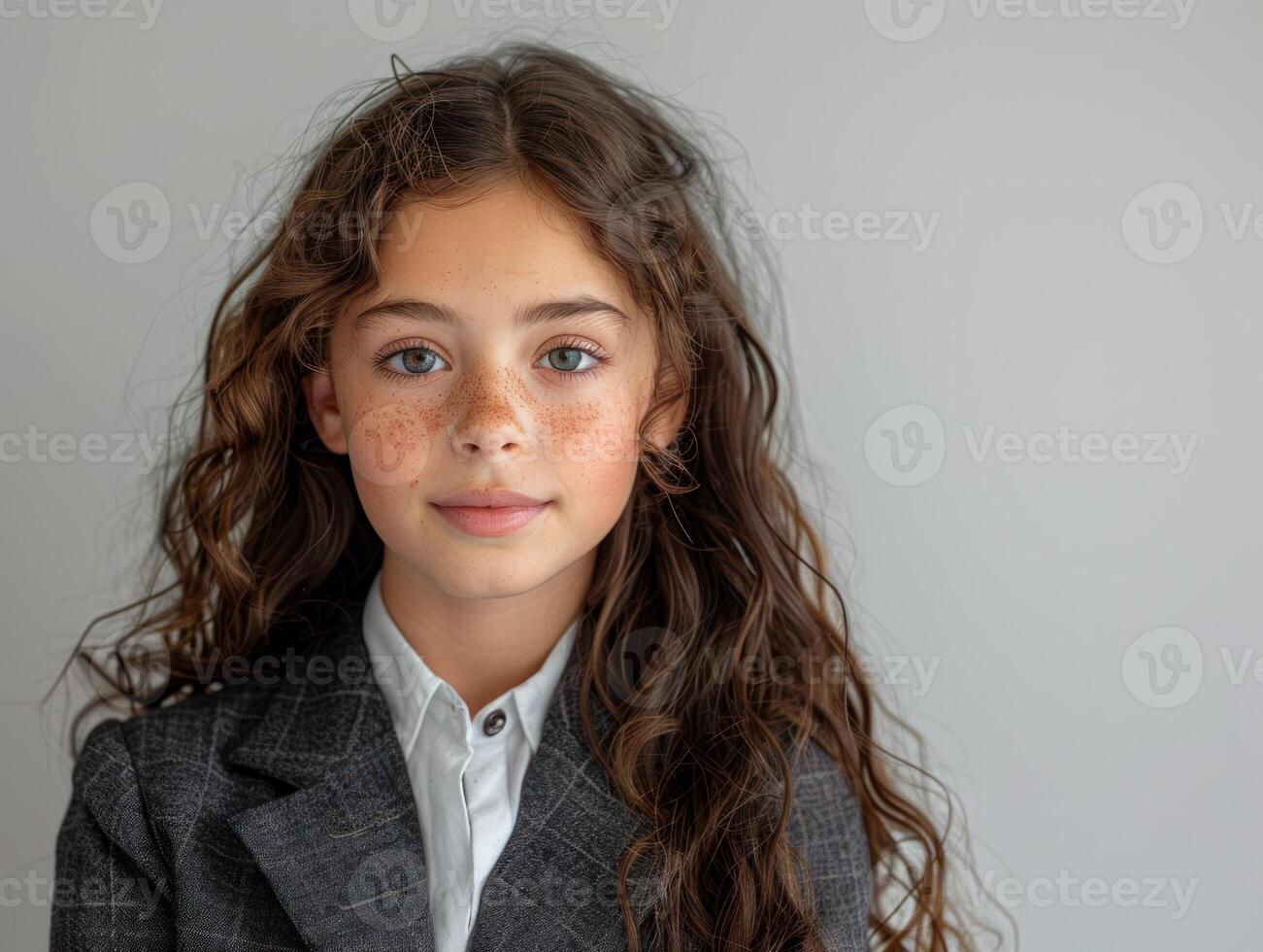 A young girl with curly hair and freckles poses confidently in a tailored suit photo