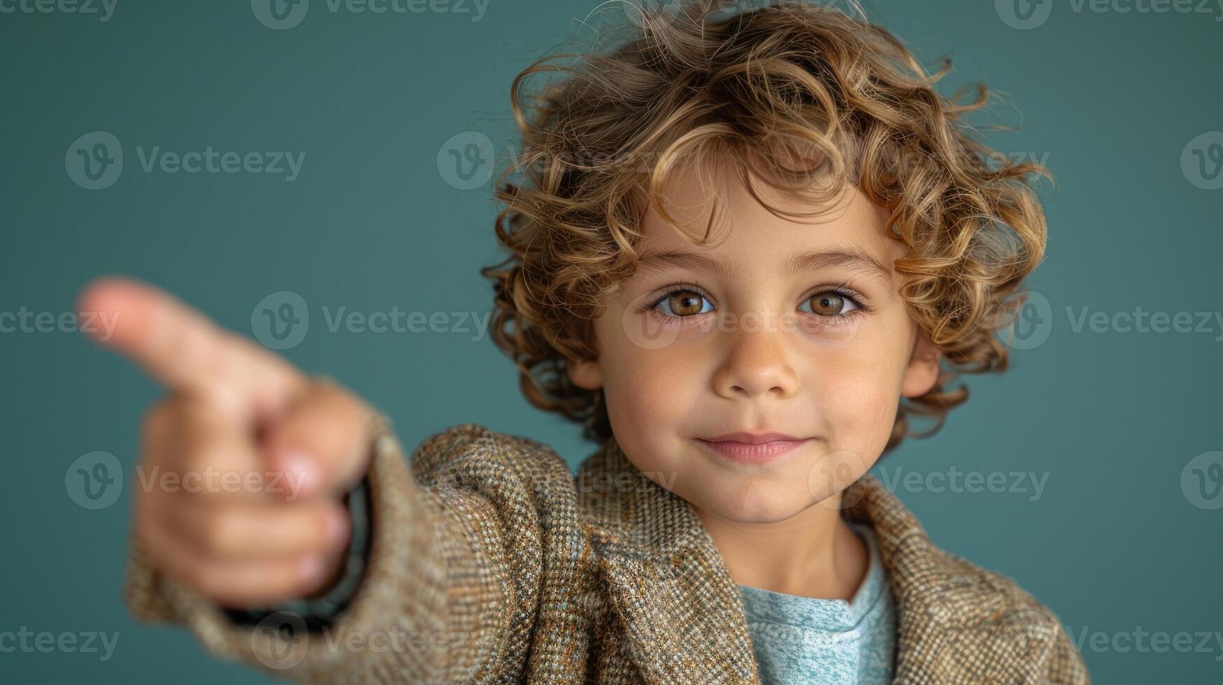A young boy confidently gestures with a smile against a simple blue background photo