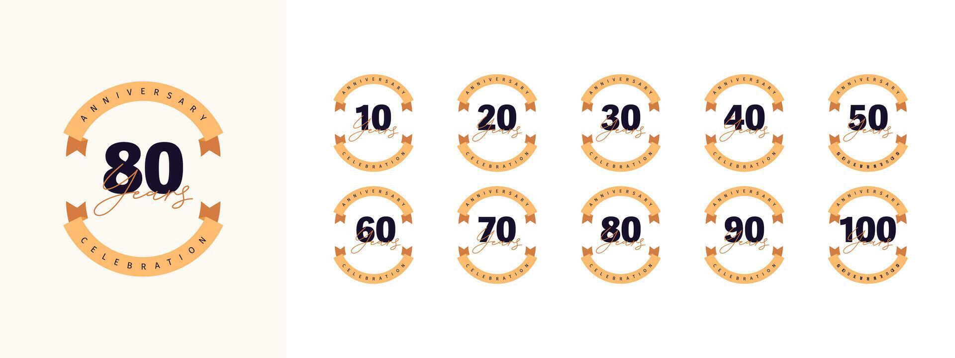 set 10 20 30 to 90 years anniversary illustration template design vector