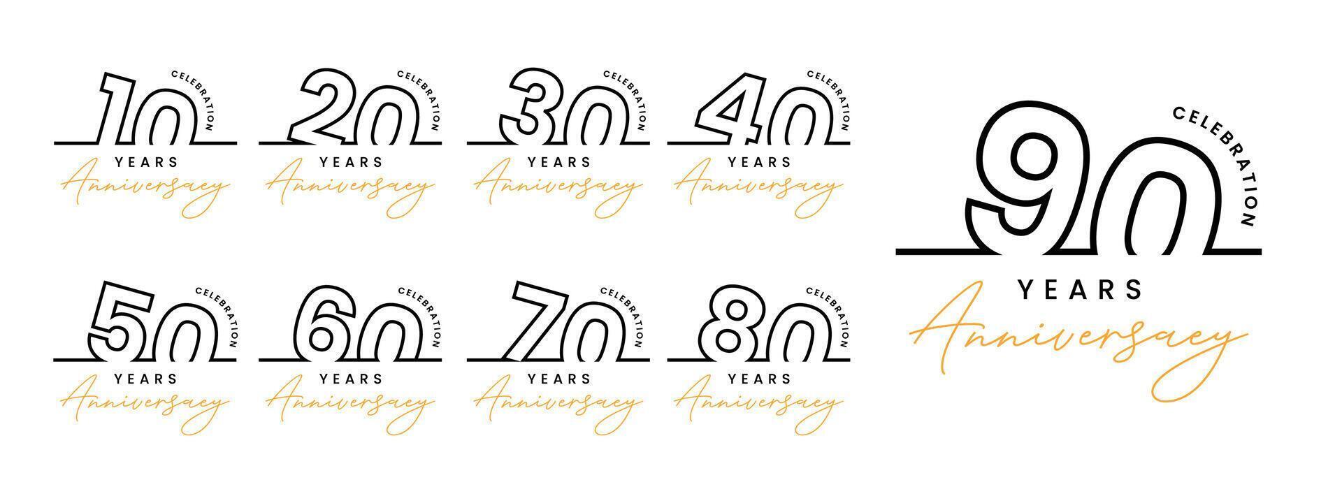 set 10 20 30 to 90 years anniversary illustration template design vector