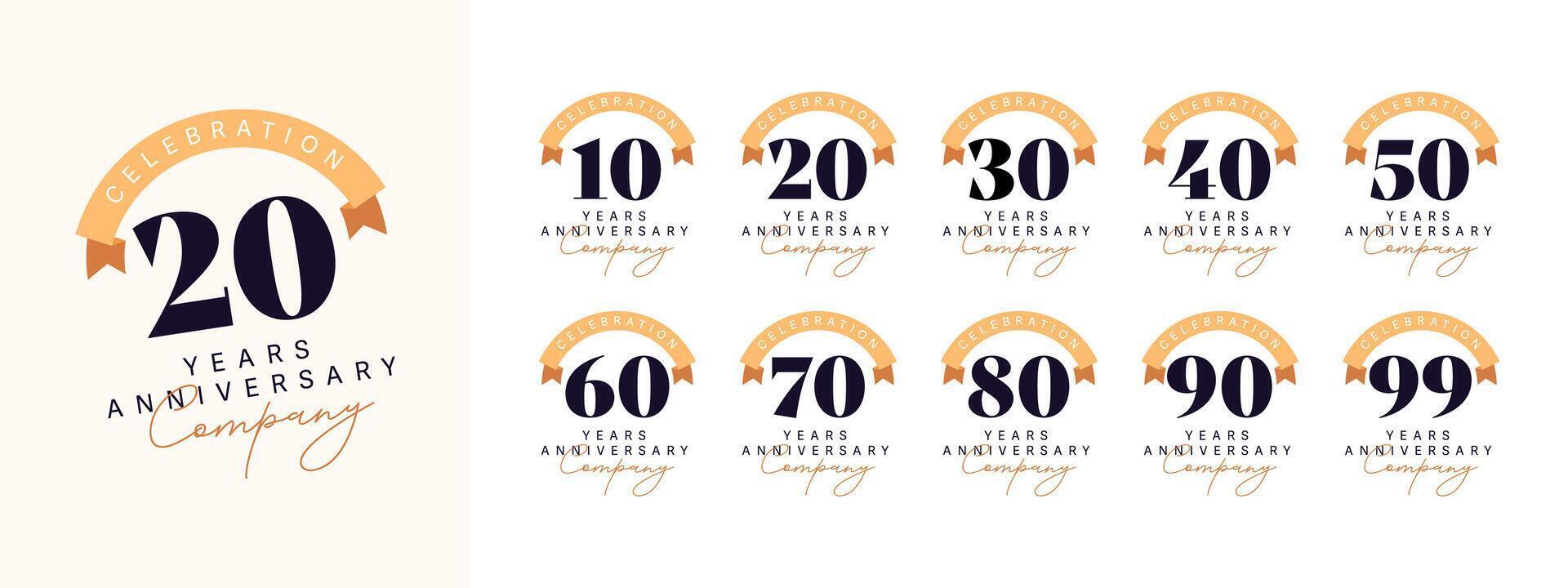 set 10 20 30 to 90 years anniversary illustration template design vector