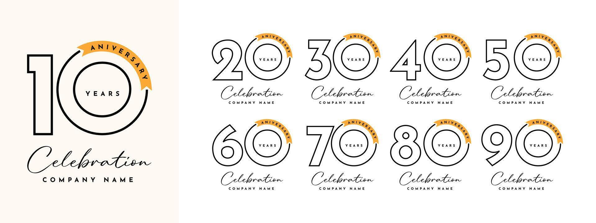 set 10 20 30 to 90 years anniversary illustration template design vector
