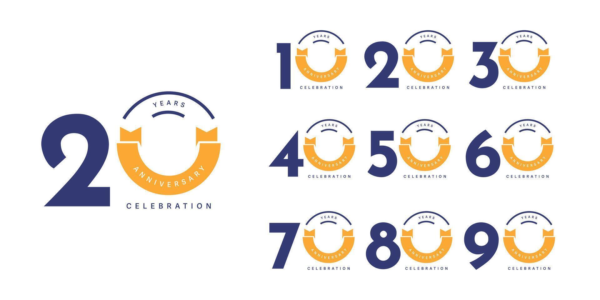 set 10 20 30 to 90 years anniversary illustration template design vector