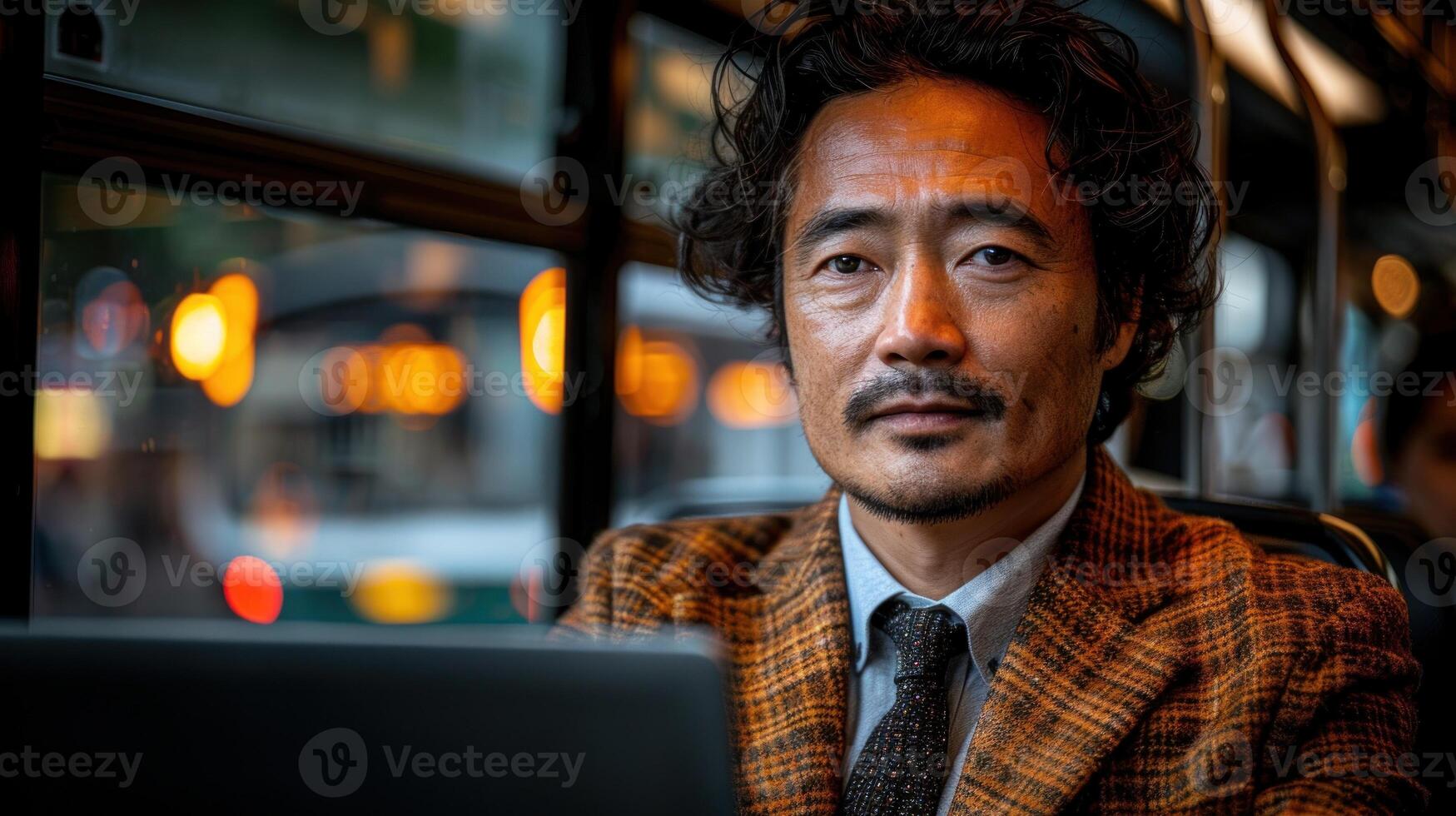 A man wearing a checkered suit rides the bus, looking thoughtfully out the window as evening falls photo