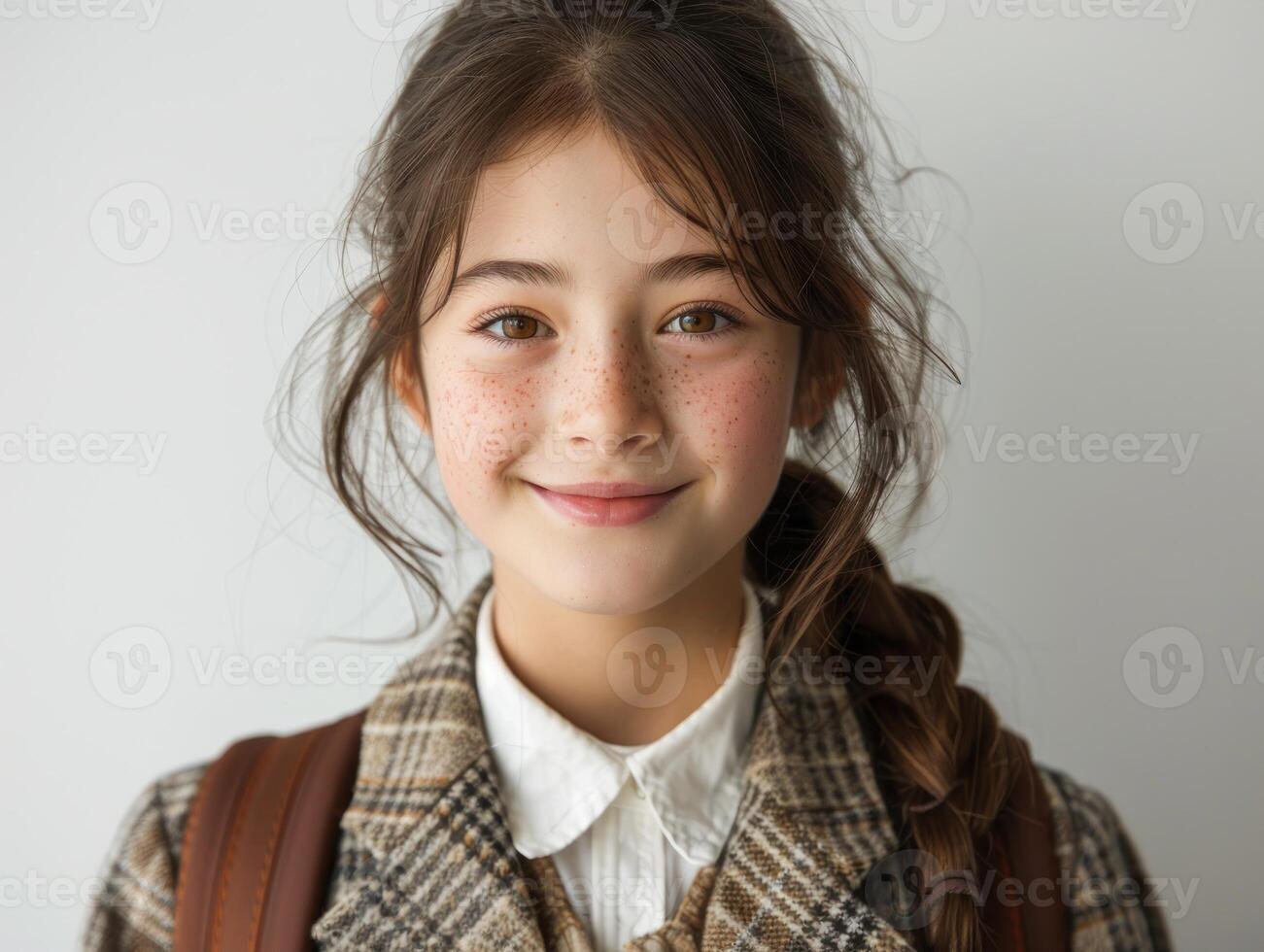 A young girl with freckles smiles warmly, dressed in a plaid coat and a white collar shirt photo