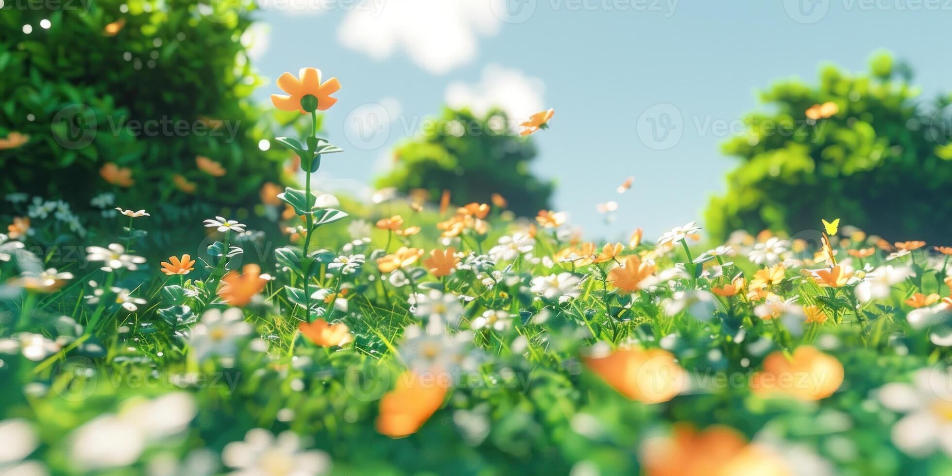 A vibrant meadow filled with flowers swaying gently in the spring breeze photo