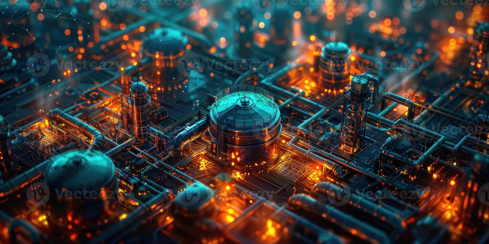 A vibrant industrial landscape glows at night with illuminated pipelines and storage tanks photo