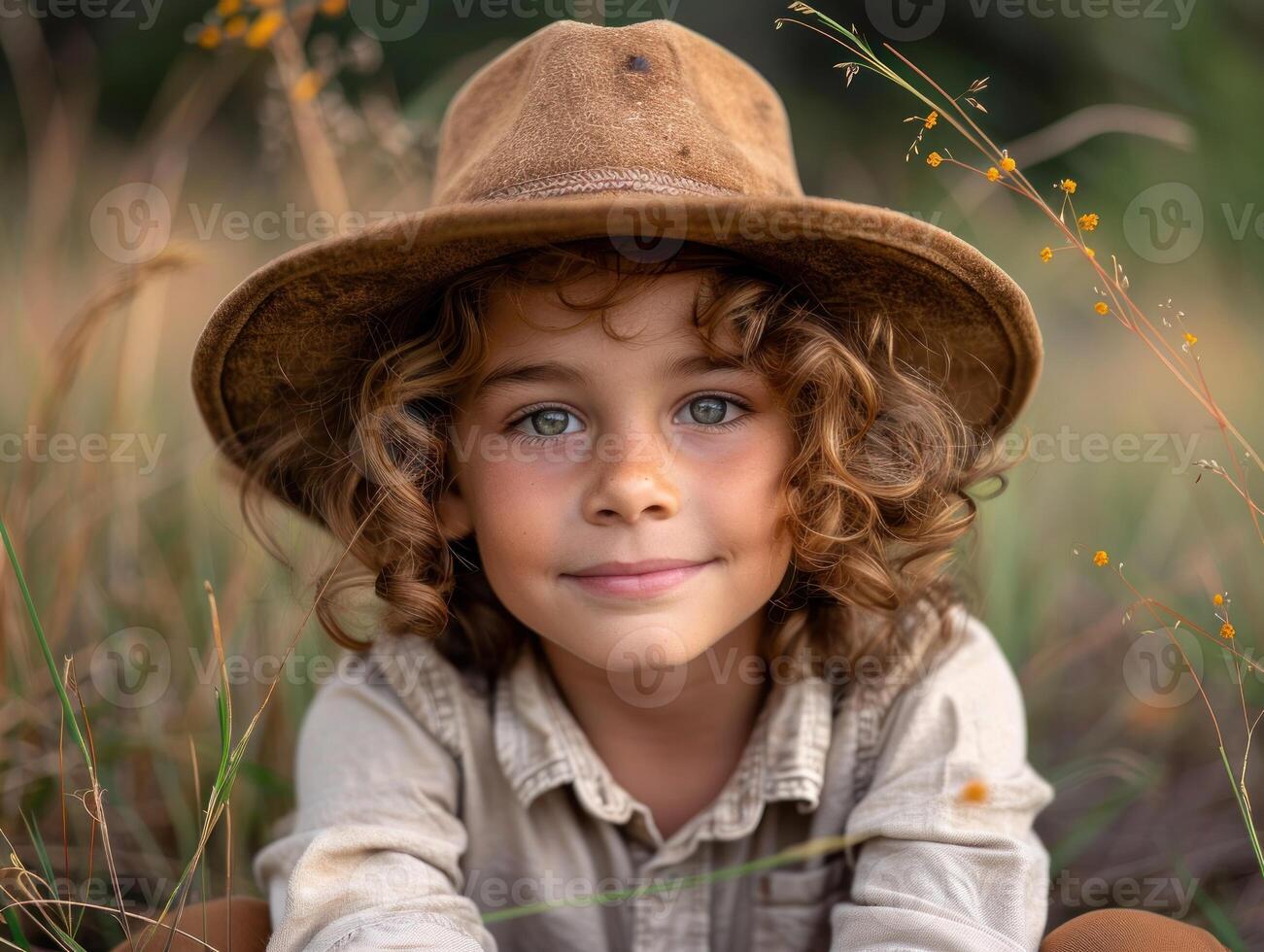 A young boy relaxes in a field, smiling with bright eyes and a charming hat photo
