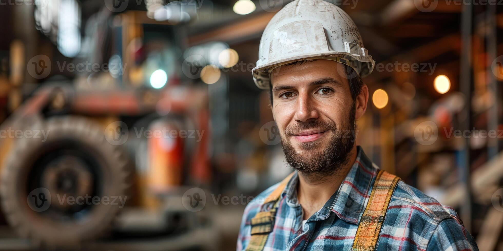 A construction worker smiles while surrounded by machinery in a workshop photo