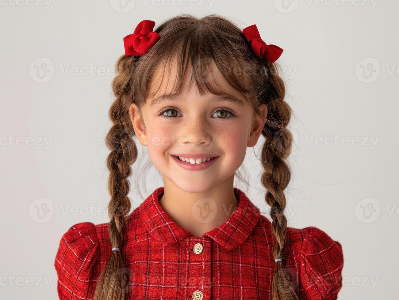 A young girl with braids and ribbons shows her joyful smile indoors photo