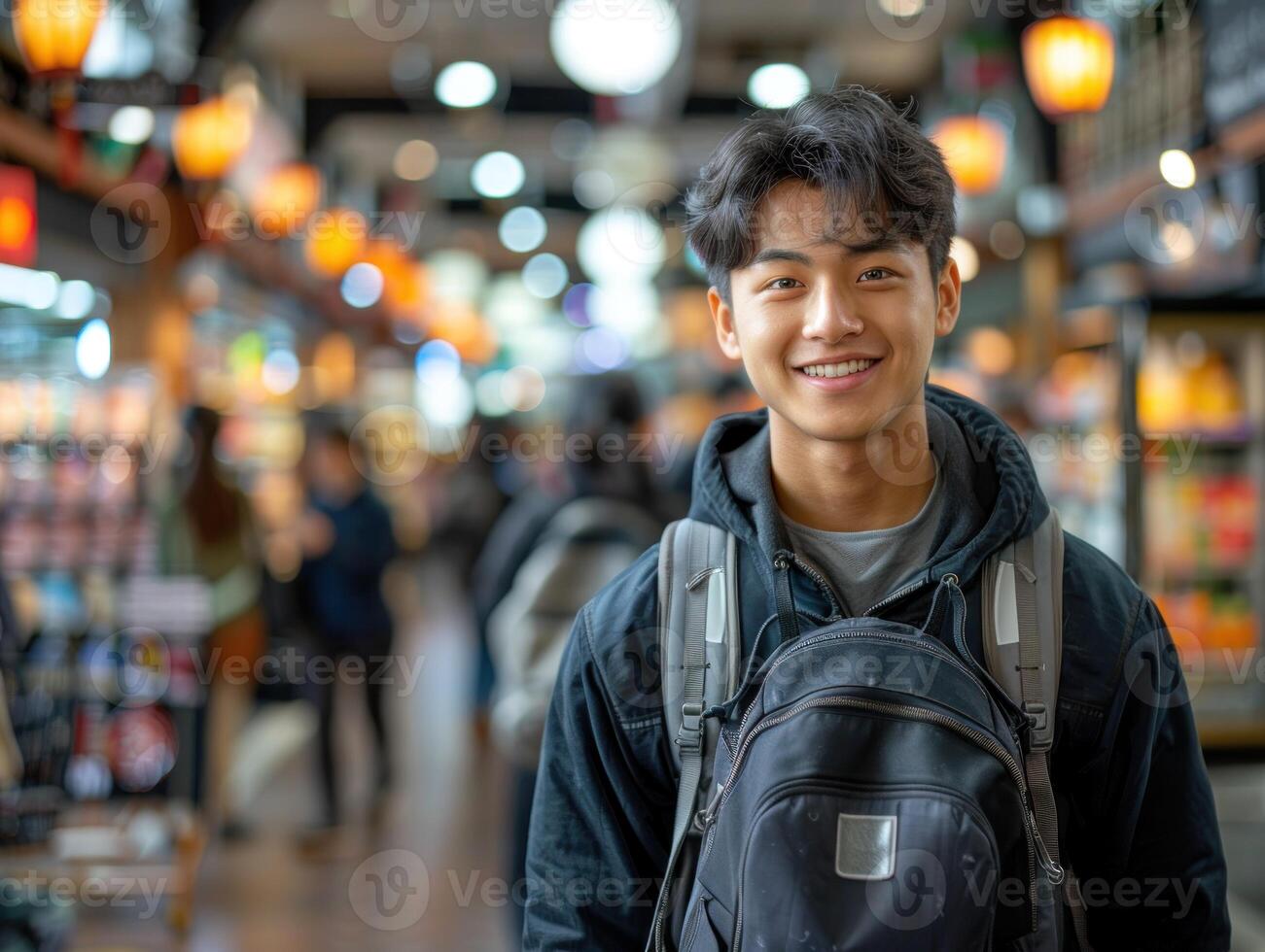A joyful young man stands in a lively market bustling with activity photo