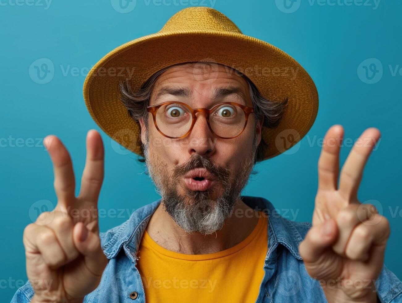Happy man expresses joy with peace signs and a surprised expression photo