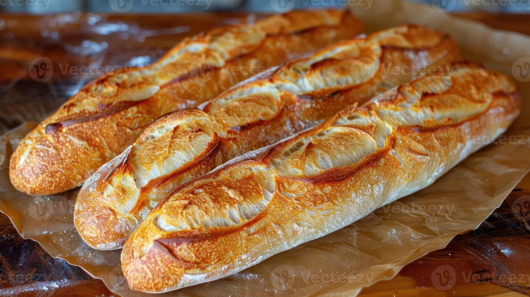 Three crusty baguettes, baked to perfection, sit on a sheet of parchment paper photo