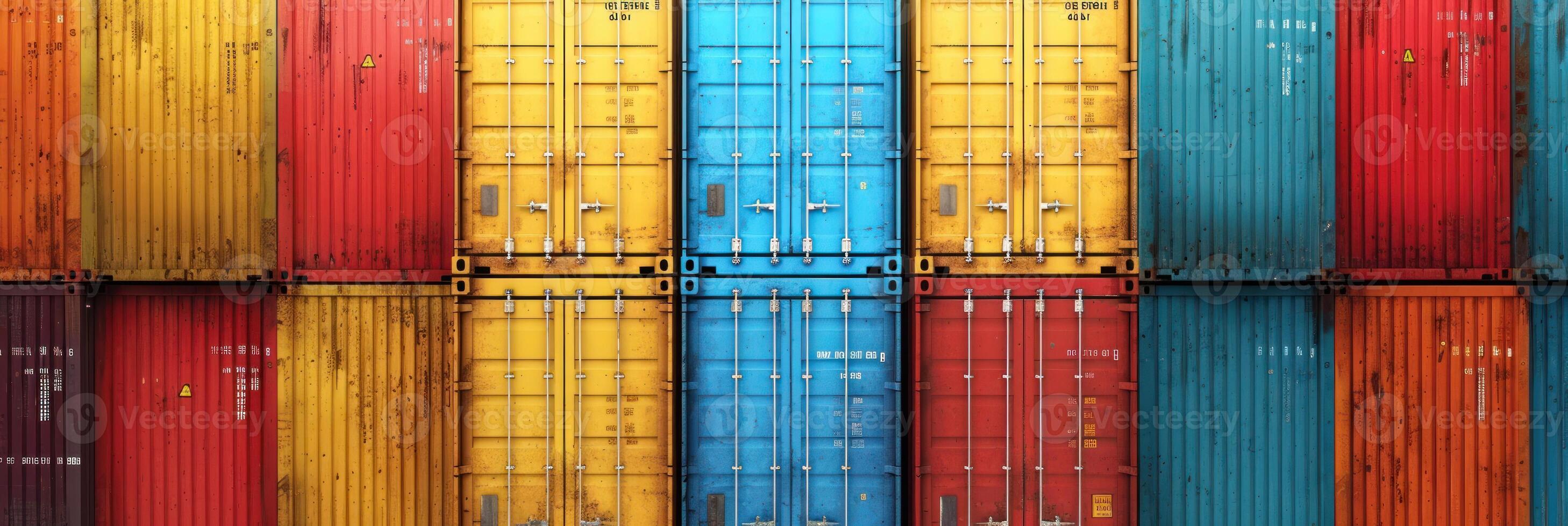 A wall of stacked cargo containers in various colors photo