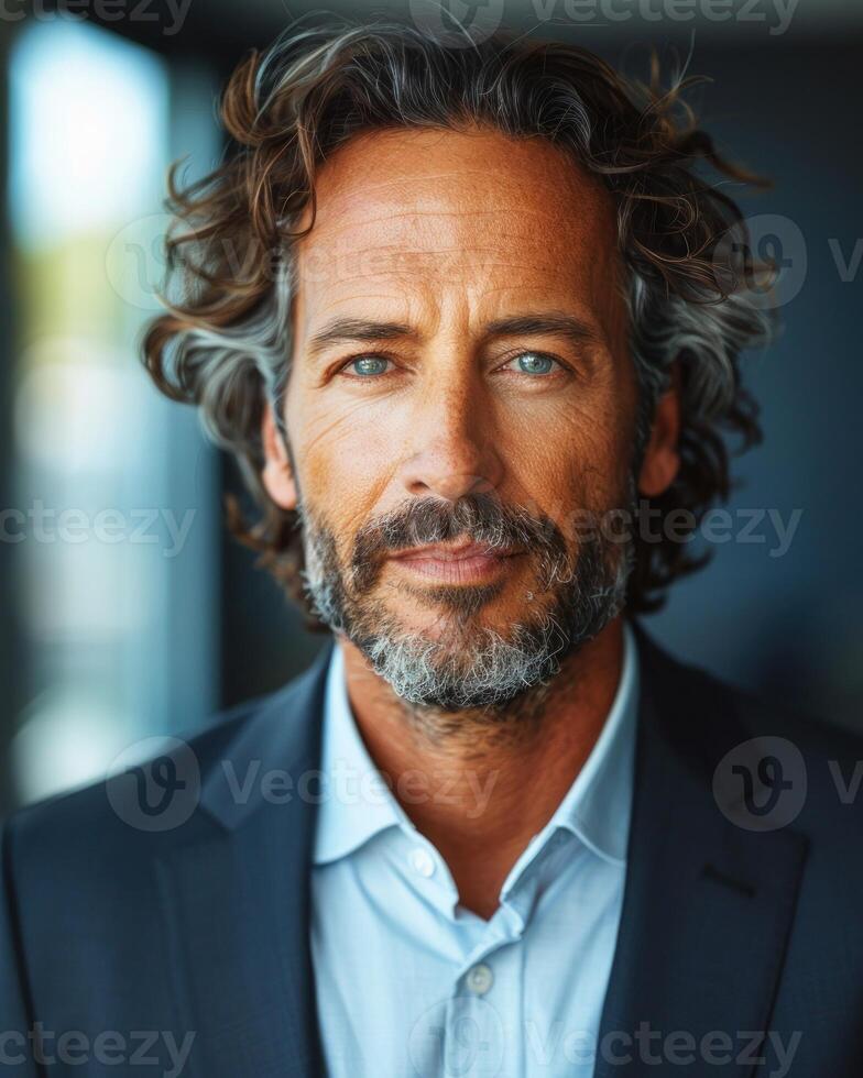 A man in a blue suit looks directly at the camera photo