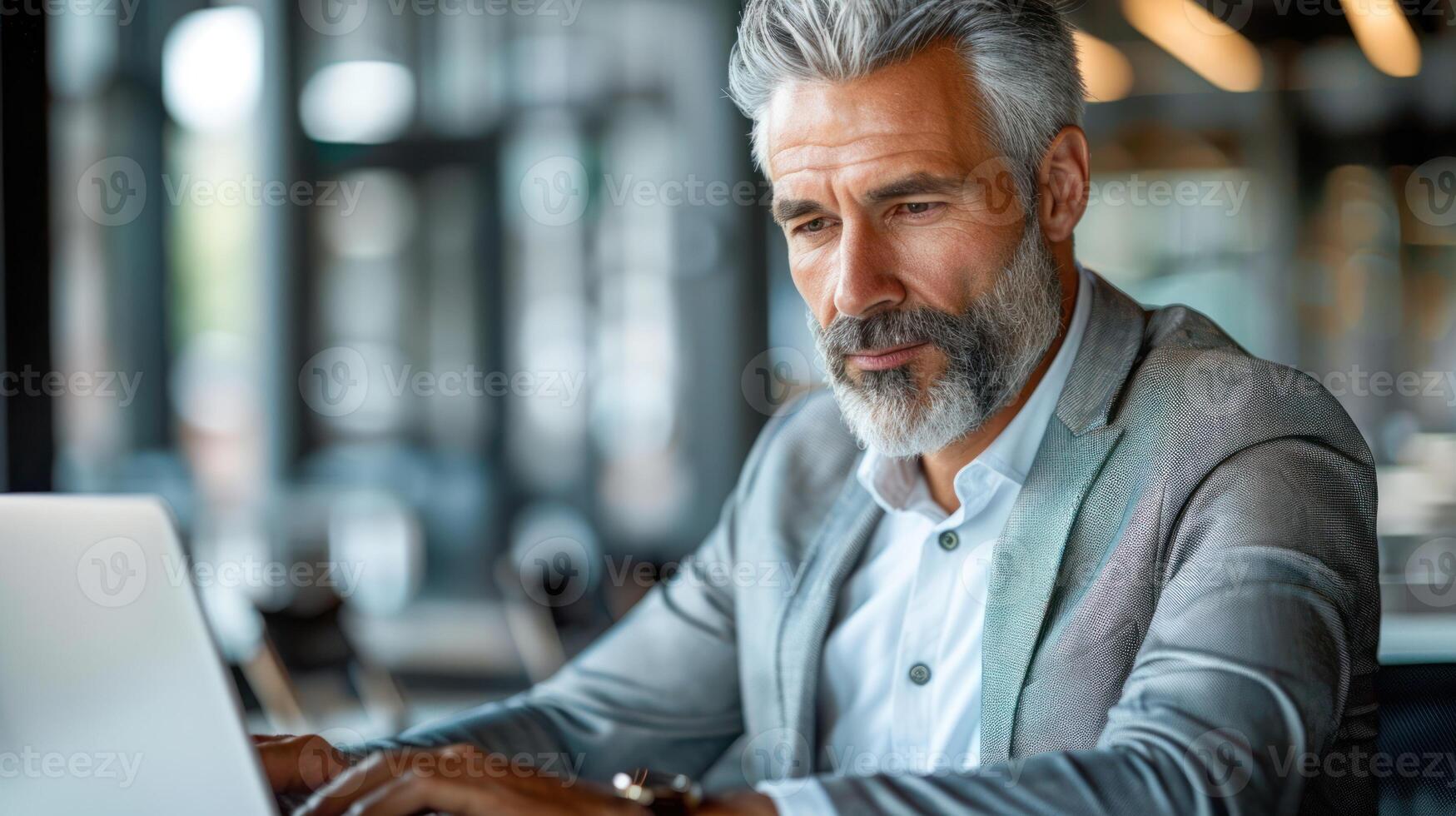 A man in a blazer types on a laptop while sitting at a table in an office photo