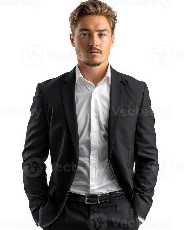 A man with short brown hair stands in a white studio, wearing a black suit, white shirt, and black belt photo