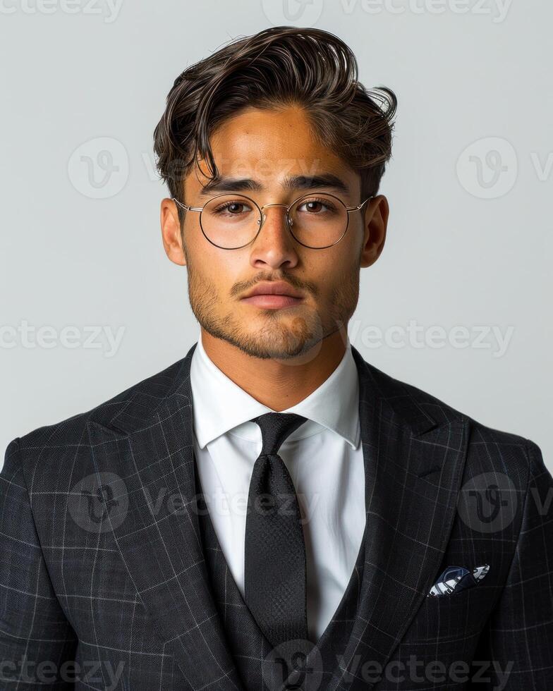 A man with dark hair and a neatly trimmed beard wears a black checkered suit with a white shirt and black tie photo