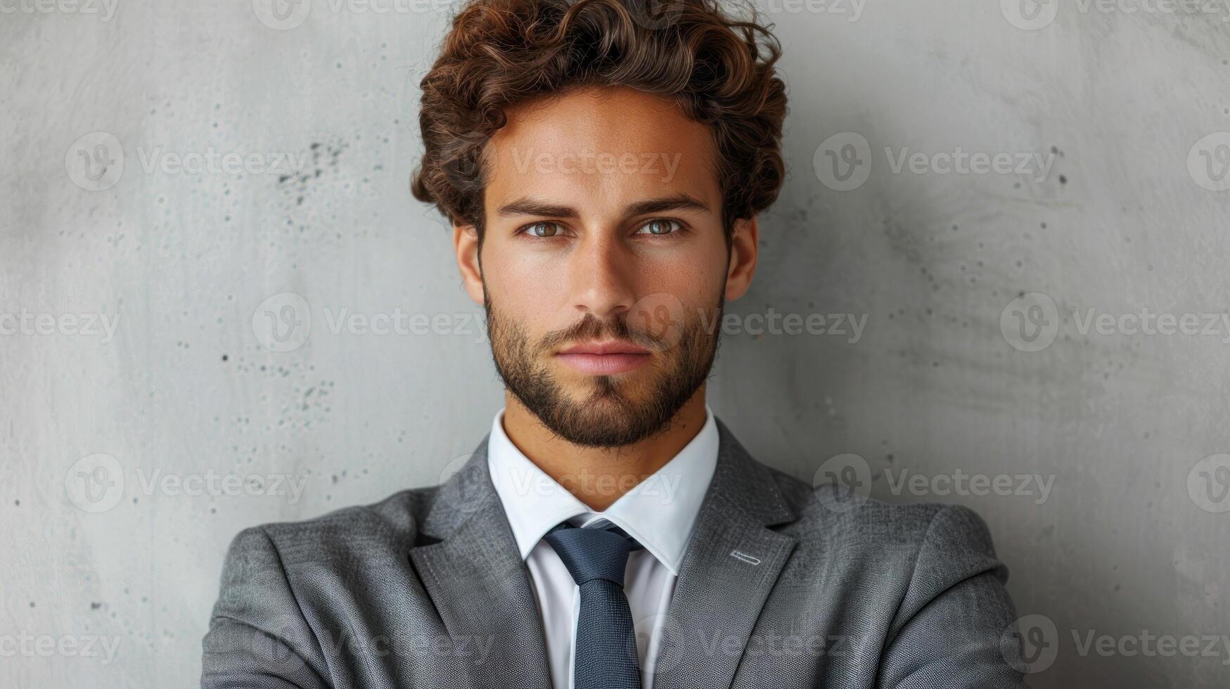A man wearing a suit and tie stands against a gray wall photo