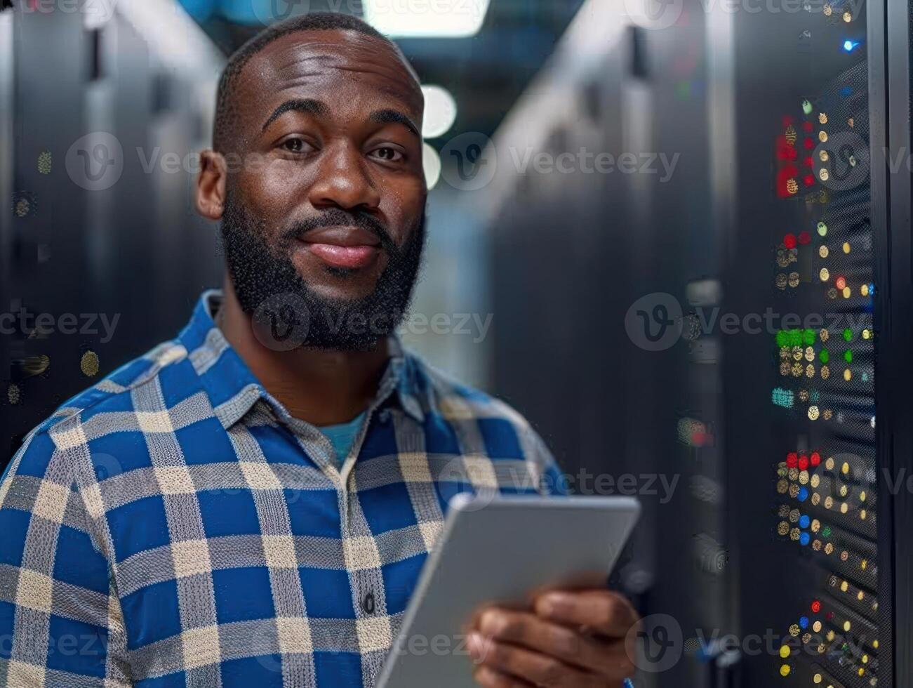 A man stands in a server room and looks at a tablet photo
