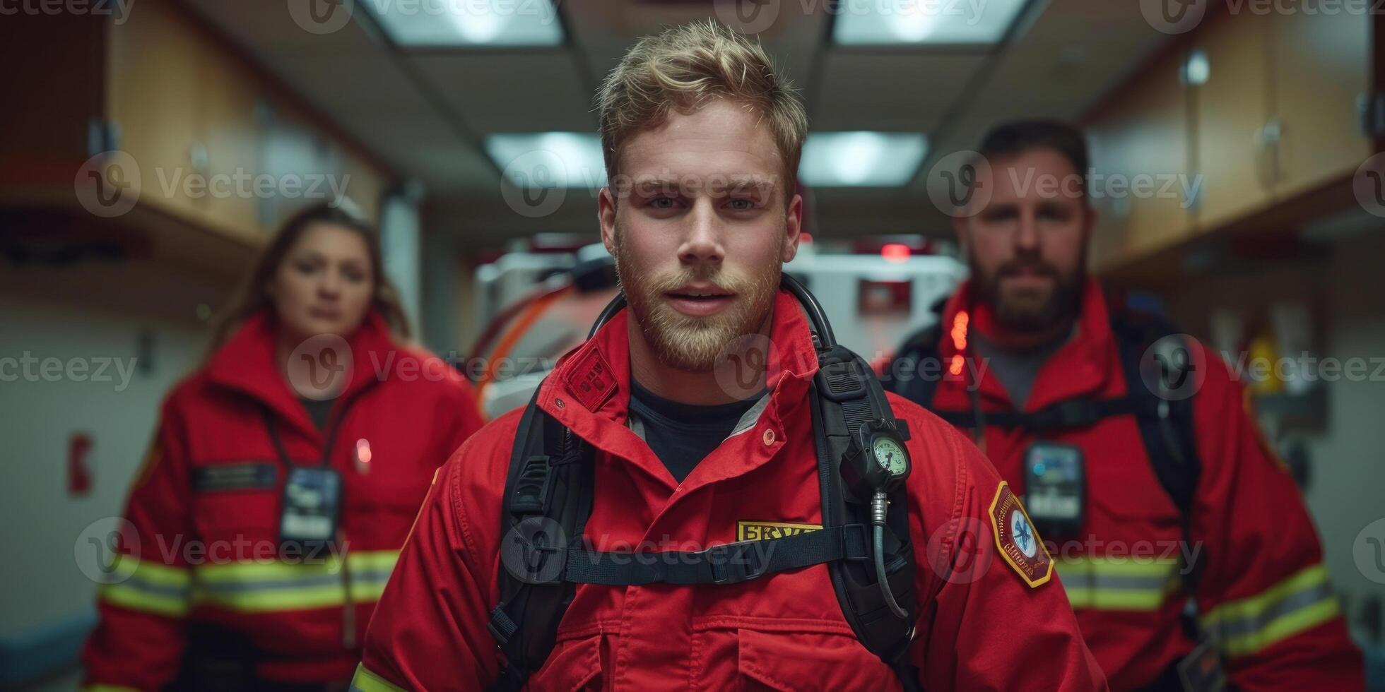 A young man in a red firefighter uniform stands in a hallway with his team photo