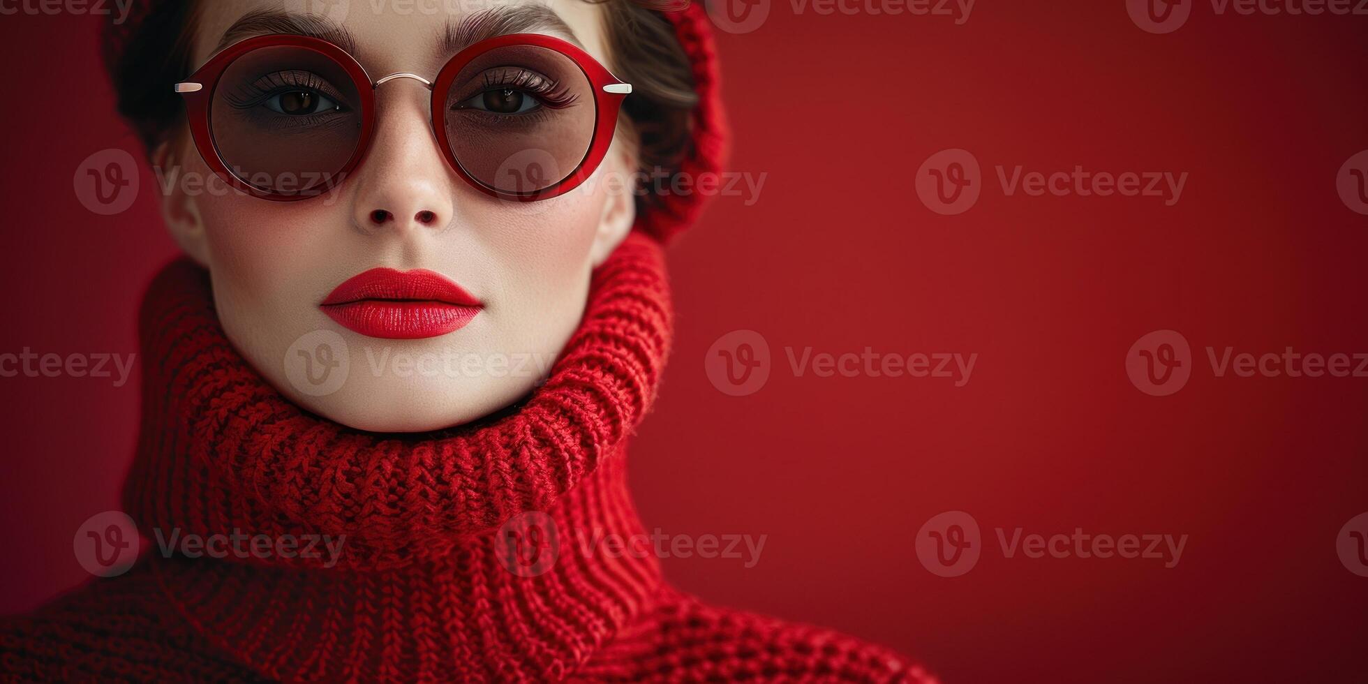 A close-up portrait of a woman wearing red sunglasses and a red knit sweater against a red background photo