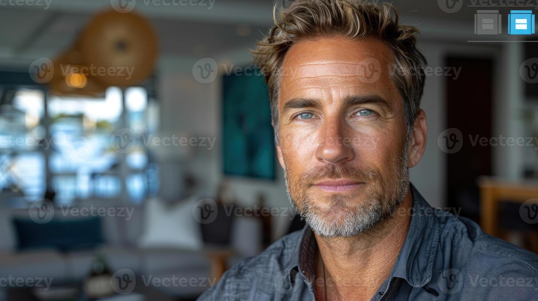 A middle-aged man with a salt-and-pepper beard and blue eyes stares directly at the camera photo