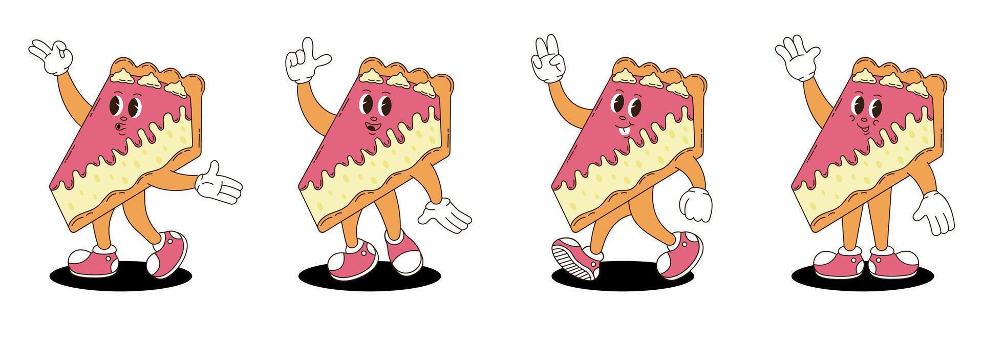 Retro groovy cheesecake characters set. vector
