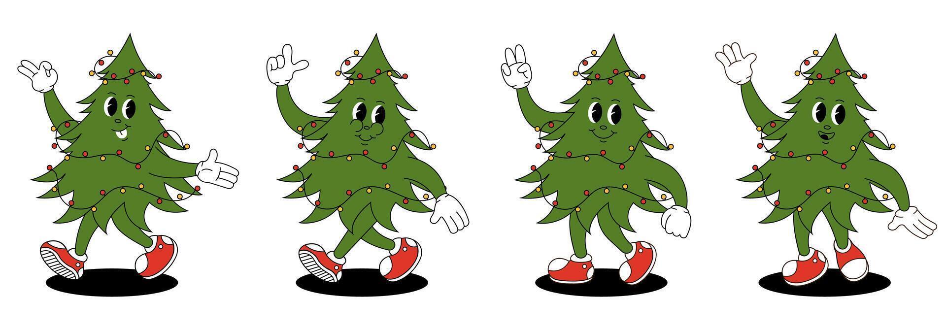 Groovy retro Christmas tree characters. Christmas tree in trendy groovy hippie style. vector