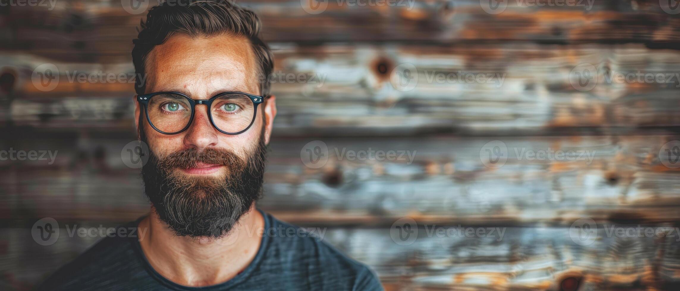 A man with a beard and glasses stands in front of a wooden wall photo
