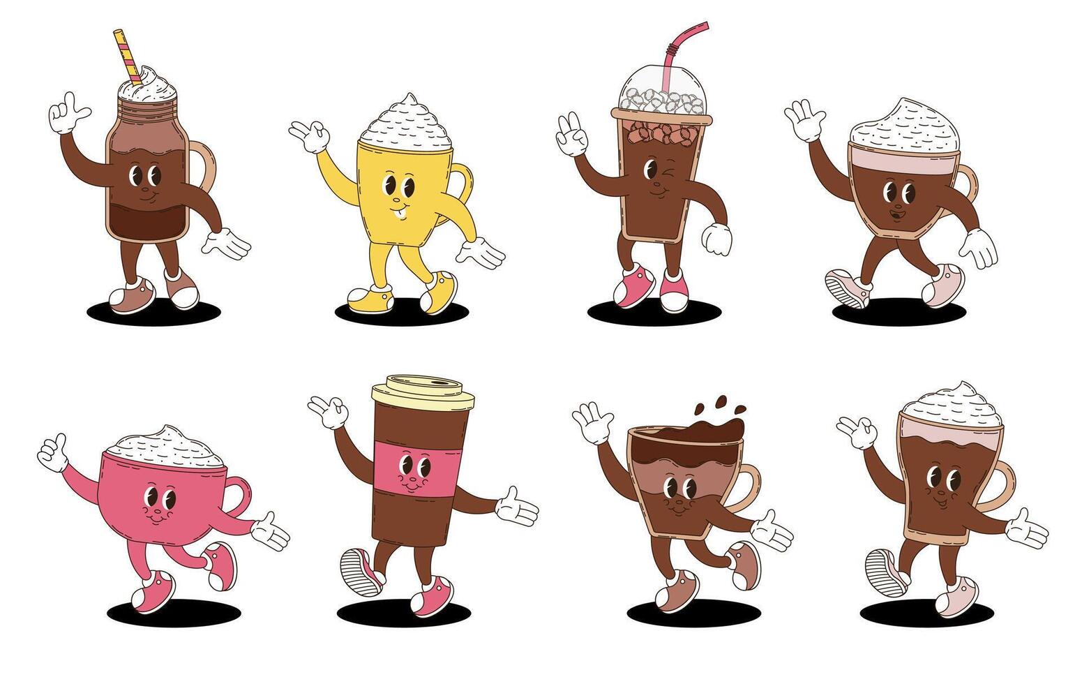 Retro groovy coffee characters set. vector