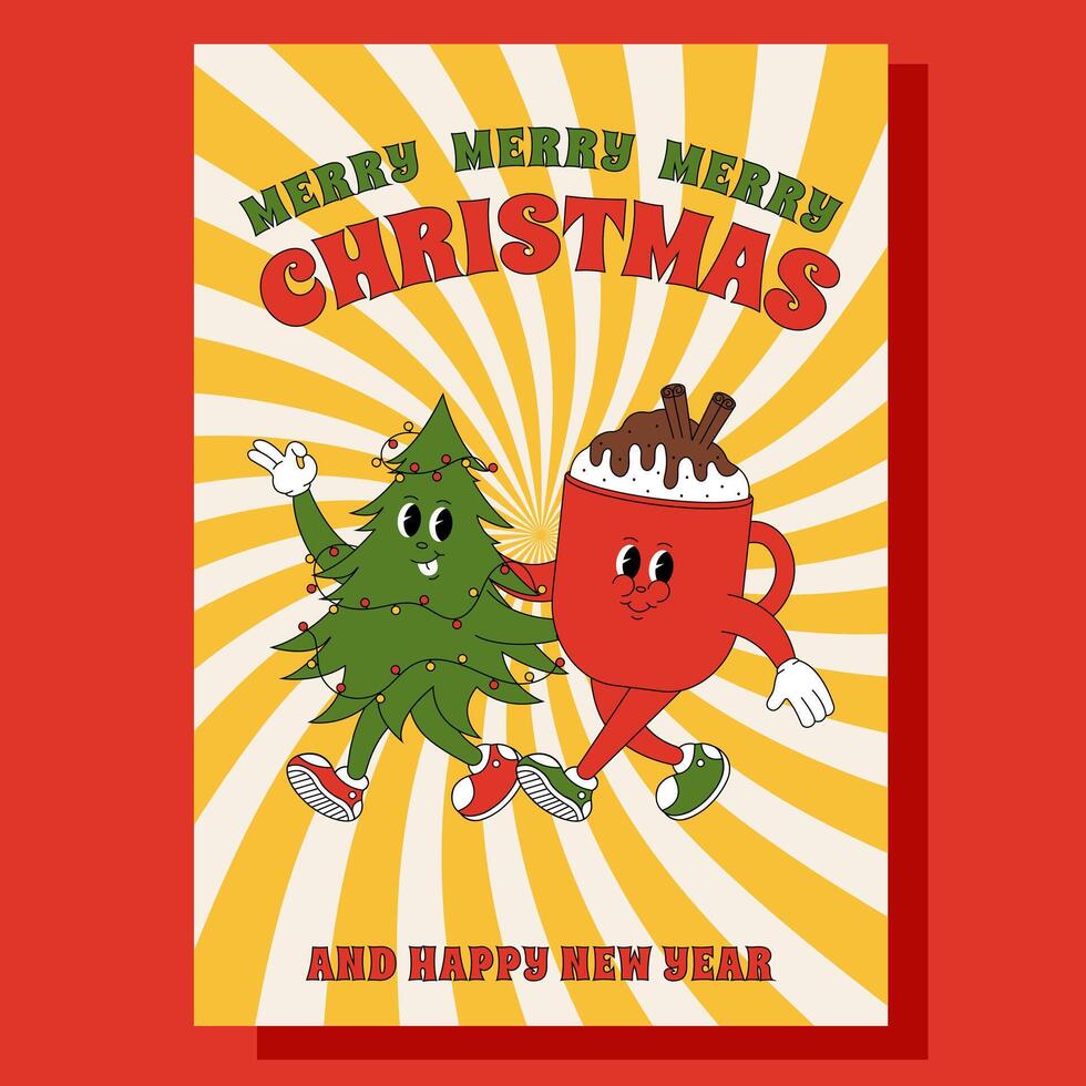 Groovy retro Merry Christmas and Happy New year greeting card, poster, print, party invitation. Christmas tree, mug of hot chocolate. vector