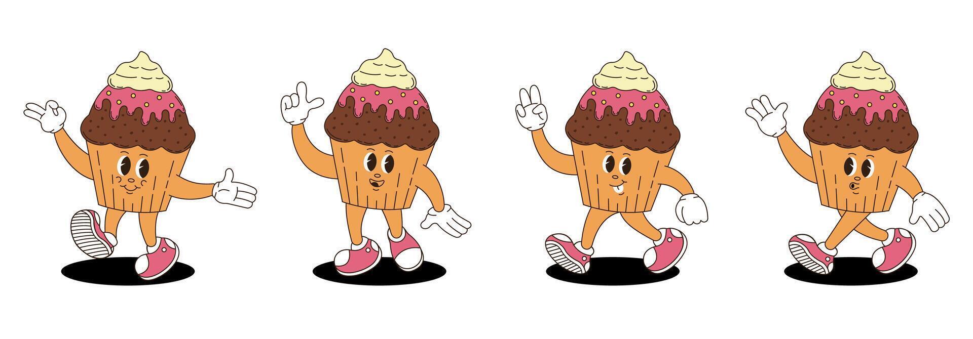 Retro groovy cupcake characters set. vector