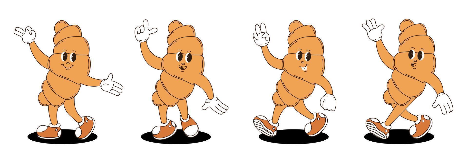Retro groovy croissant characters set. vector