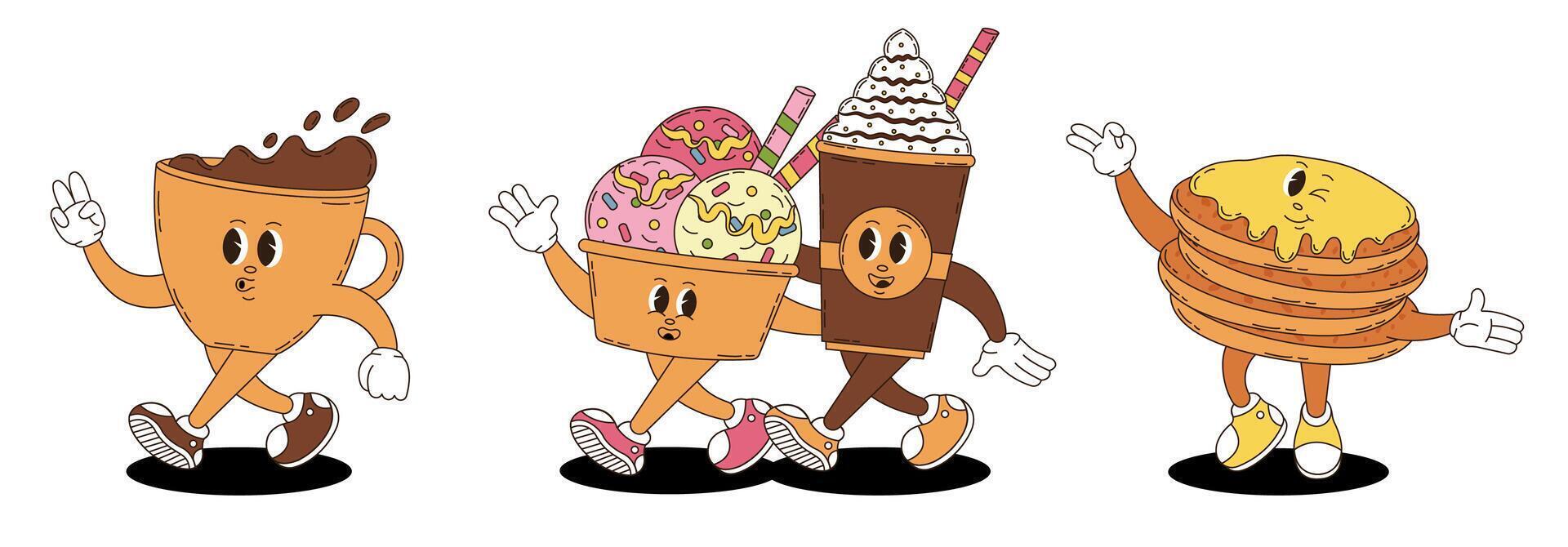 Retro groovy desserts and coffee characters set. Coffee, ice cream, pancakes. vector