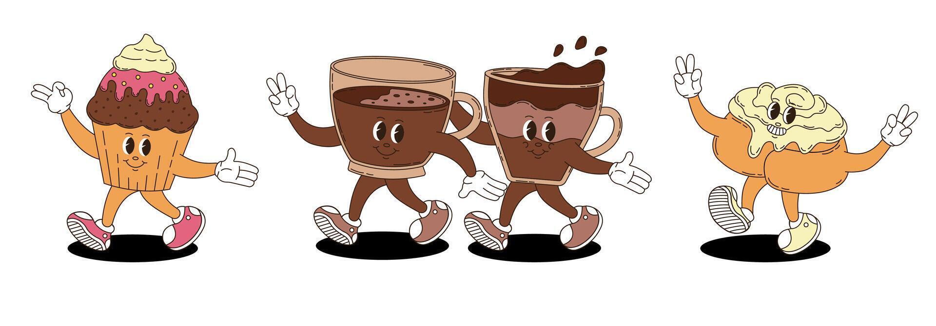 Retro groovy desserts and coffee characters set. Coffee, cinnabon, cupcake. vector