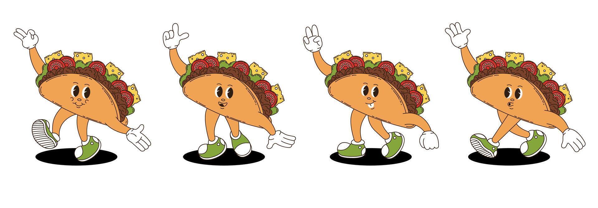Retro groovy taco characters set. vector