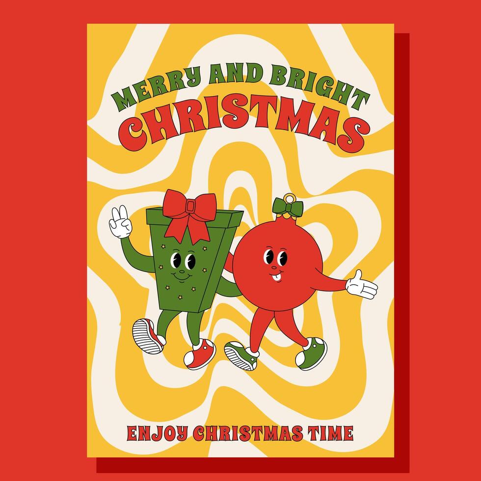 Groovy retro Merry Christmas and Happy New year greeting card, poster, print, party invitation. Gift box and Christmas tree toy. vector