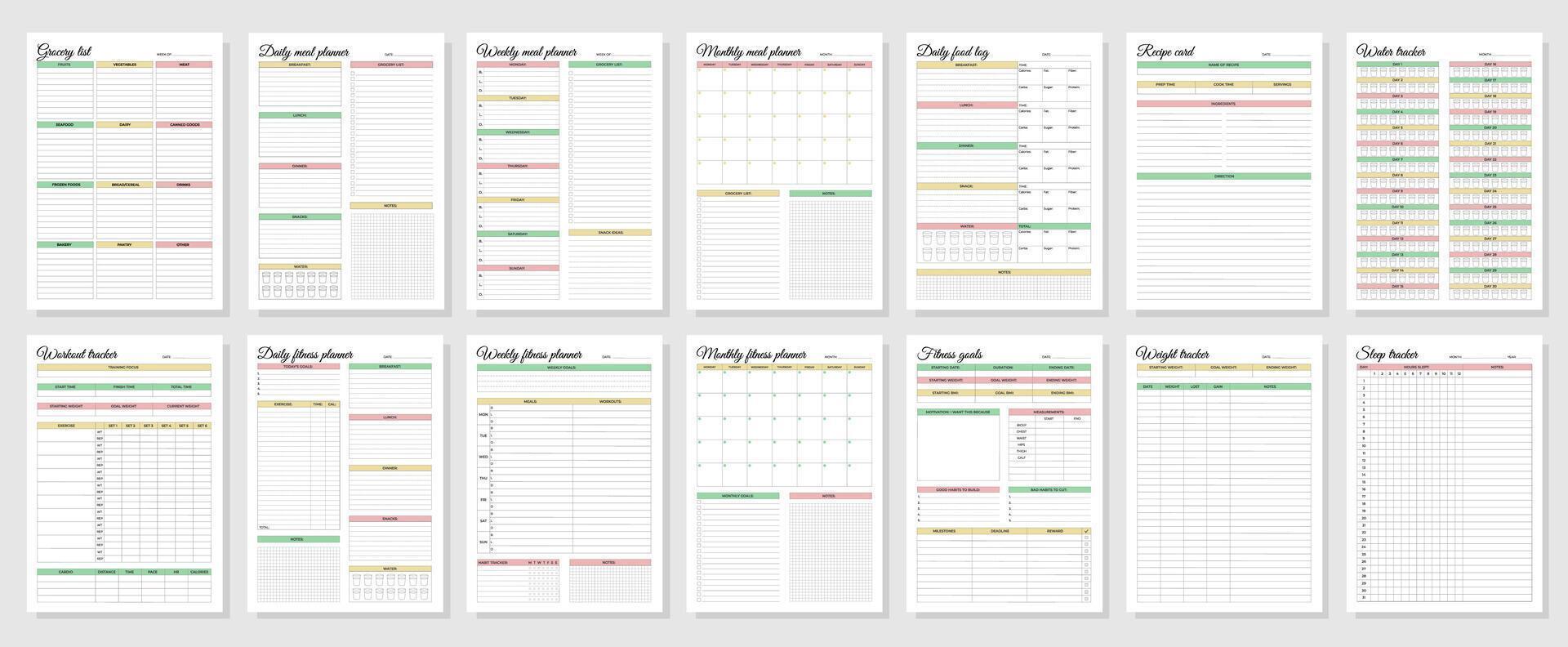 Fitness and meal planners set. Daily, weekly, monthly, workout tracker, fitness goals, weight tracker, daily food log, grocery list, recipe card, water tracker, sleep tracker. vector