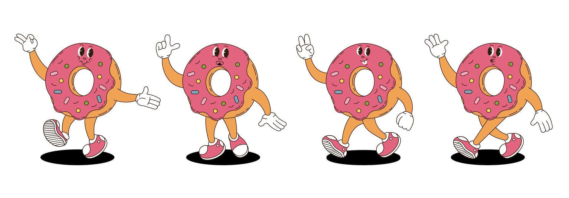 Retro groovy donut characters set. vector