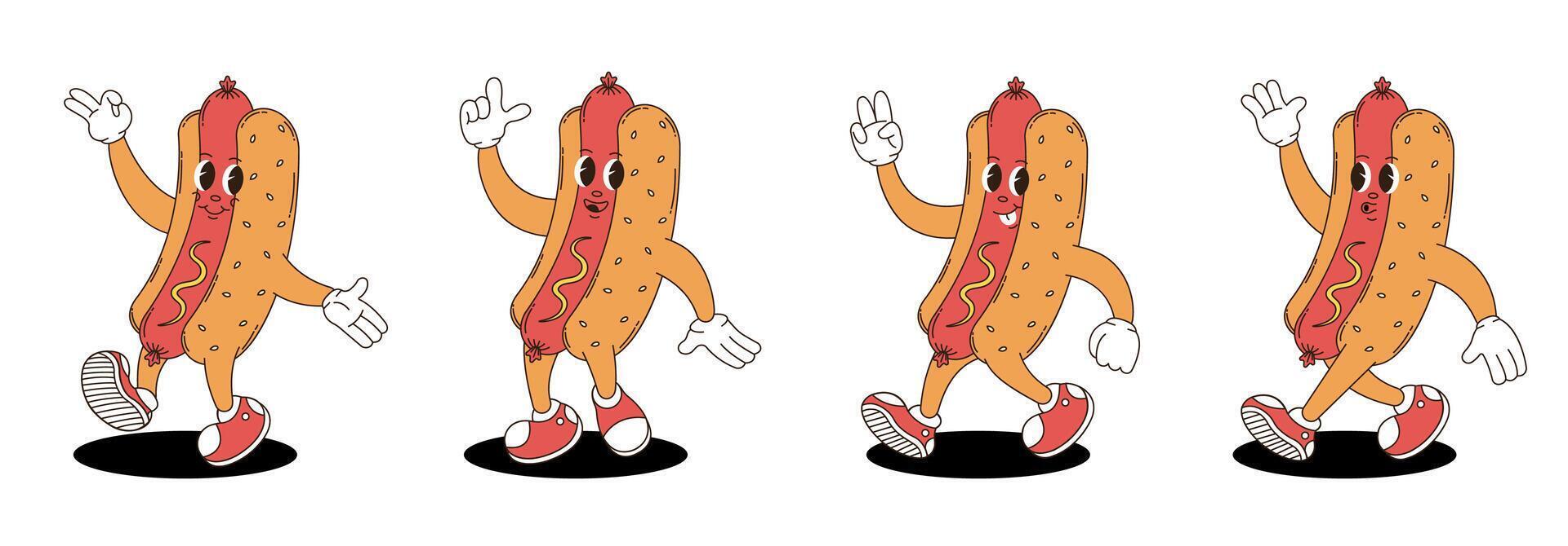 Retro groovy hotdog characters set. vector