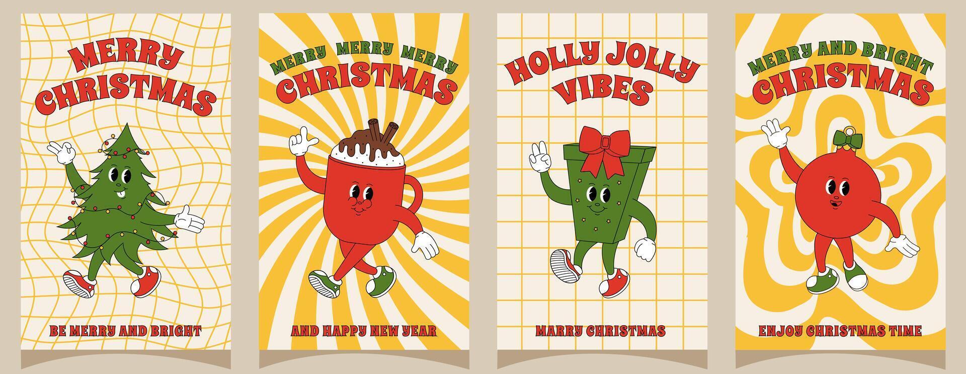 Groovy retro Merry Christmas and Happy New year greeting card, poster, print, party invitation. Christmas tree, mug of hot chocolate, gift and New Year's toy. vector