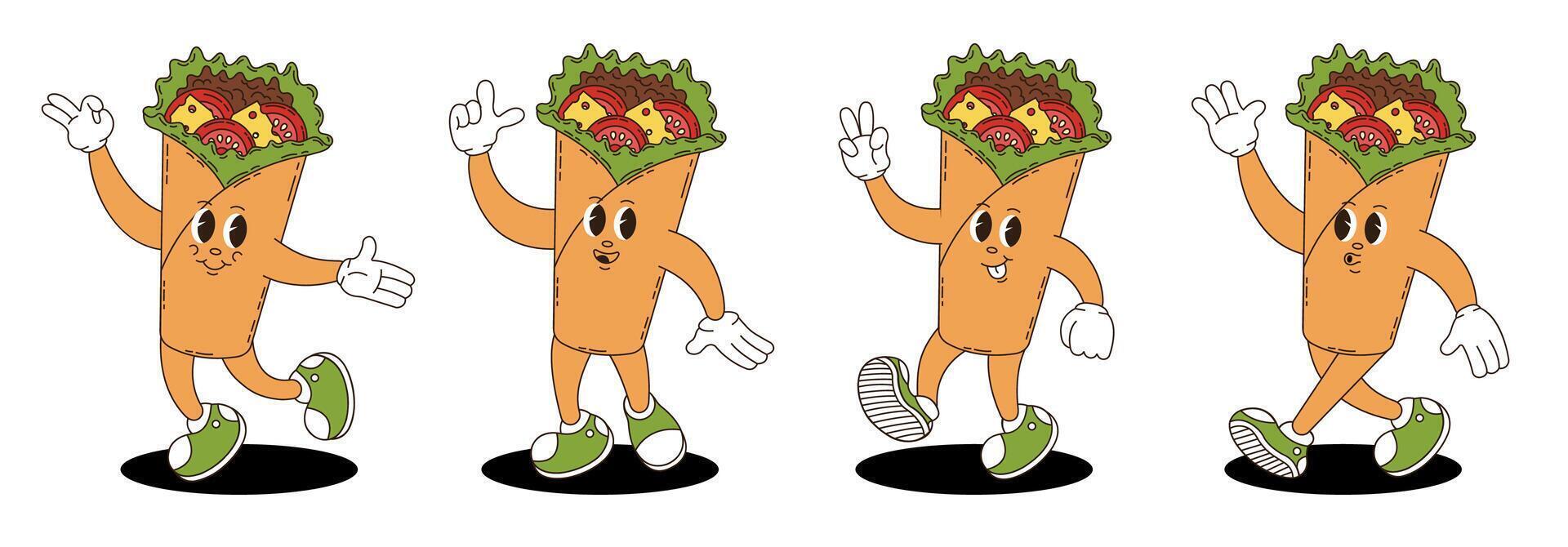 Retro groovy burrito characters set. vector