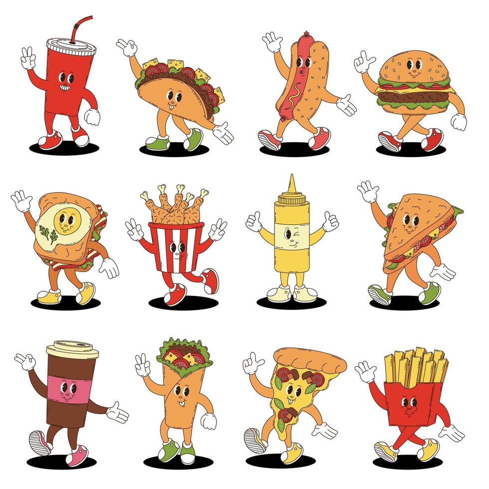 Retro groovy fast food characters set. Hamburger, burrito, taco, french fries, pizza, sandwich, coffee, chicken. vector