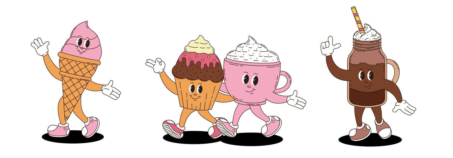 Retro groovy desserts and coffee characters set. Coffee, cupcake, ice cream. vector