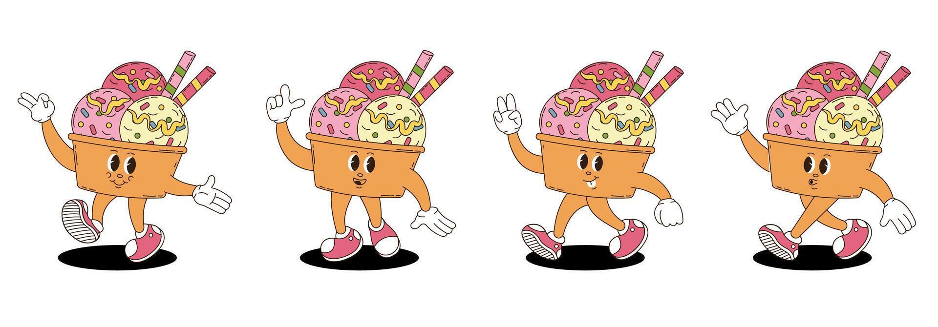 Retro groovy ice cream characters set. vector