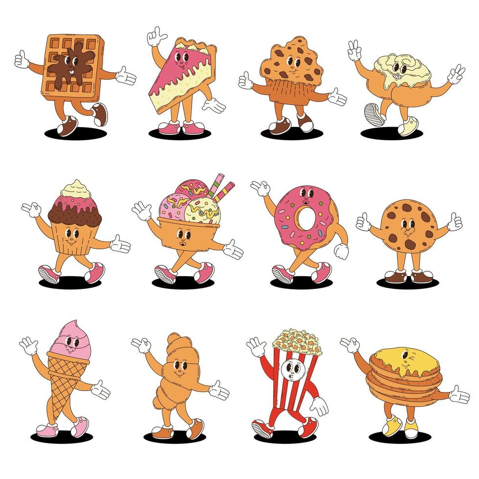 Retro groovy desserts and bakery characters set. Donut, cupcake, waffle, cheesecake, bun, ice cream, cookie, croissant, popcorn, pancakes. vector