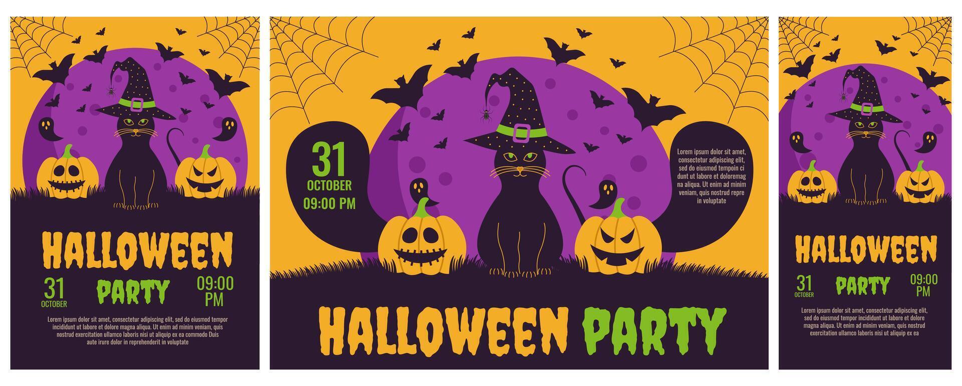 Halloween. Set of Halloween party invitations, posters. Template for greeting cards, background, cover, sale banner, flyer, advertising, web, social media. vector