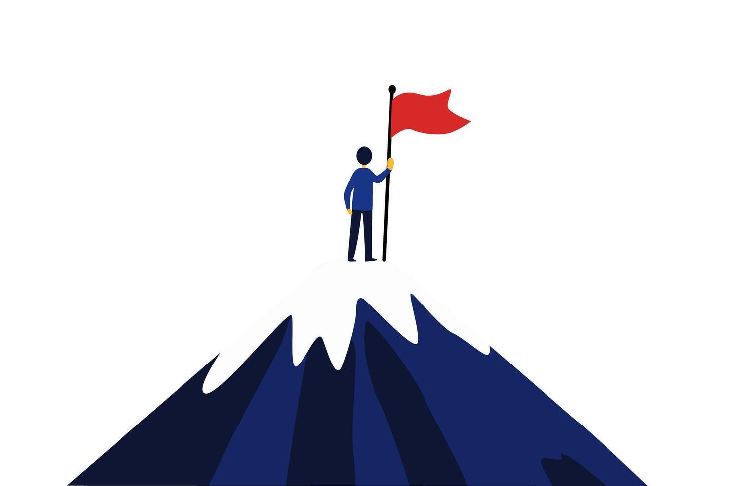 a man stands on top of a mountain holding a red flag vector