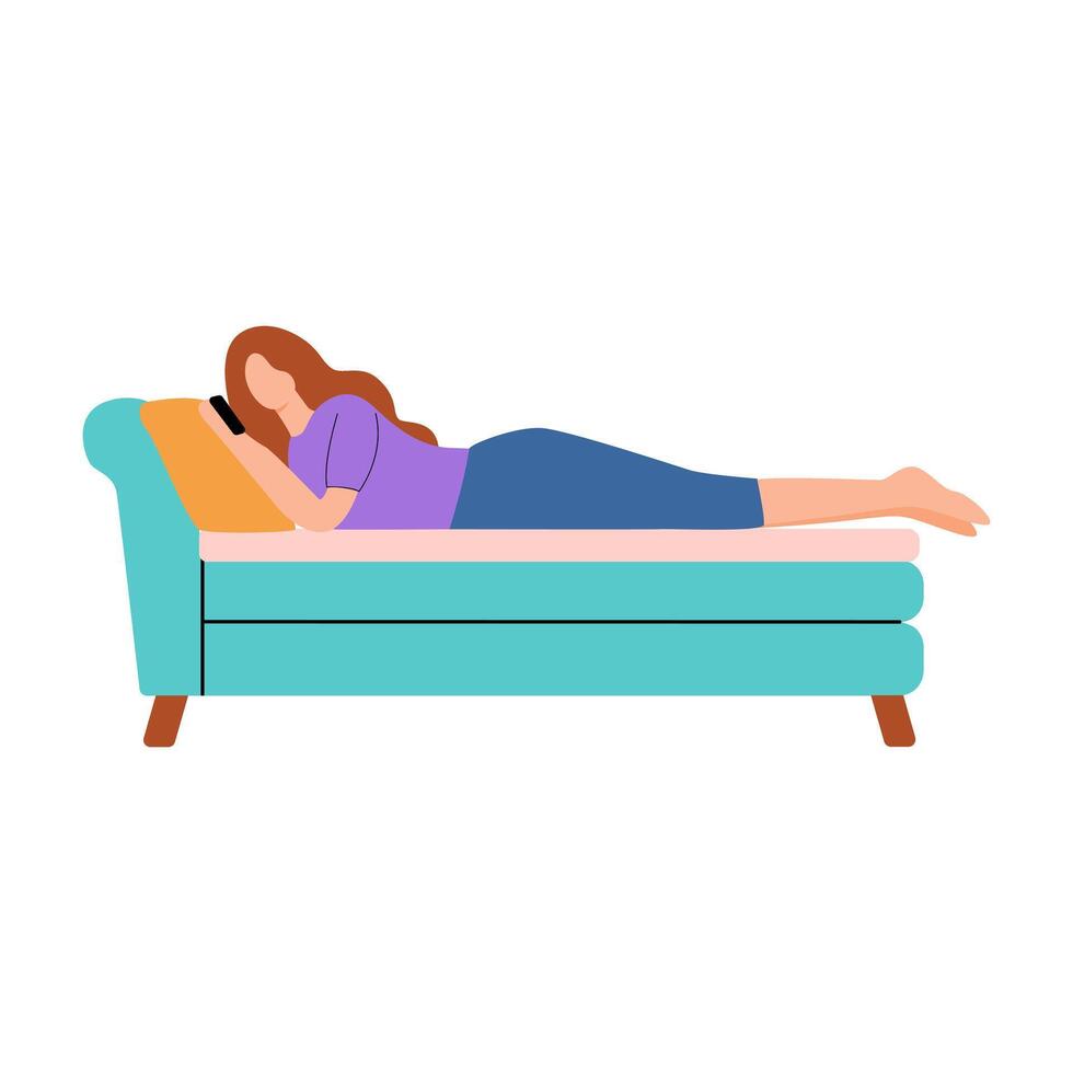 woman lying on couch with phone on her hand vector
